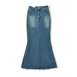 Skirts High-Waisted Elastic Slim-Fit Denim Micro-Trumpet Fishtail Women's 2023 Summer Retro Back Slit Bag Buttock Half Skirt