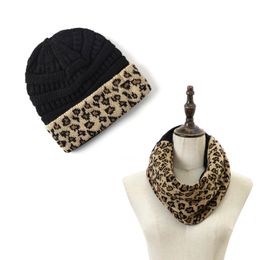 Fashion Leopard Print Women Hat And Scarf Set Autumn Winter Knitted Beanies Hats For Women Two Piece Sets