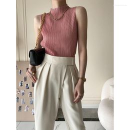 Women's Tanks Women Sexy Tank Tops Stretch Pleated Top Female Sleeveless Stand Collar Summer Camisole Camis Black Clothes For