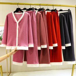 Women's Sleepwear Toothpick Strip Dralon V-neck Long-Sleeved Trousers Home Wear Suit Autumn And Winter Thickened Warm Leisure Ladies