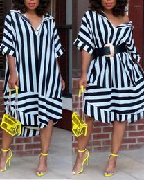 Party Dresses CM.-Striped Midi Dress For Women Turn-Down Collar Half Sleeve Button Loose Office Lady Outfit Summer 2023