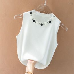 Women's Tanks White Beaded Camisole Summer Outerwear Suit Bottoming Shirt With Ice Silk Knitted Sleeveless Top