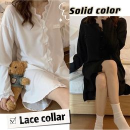 Womens Sleepwear Simple Design Solid Colour Pyjamas Women Black And White Korean Lace Collar Sleeping Dress baju tidur wanita Female Loose Sexy Pure Colour Long Sleeve