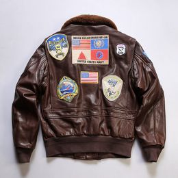 G1 Leather Pilot Jackets Detachable wool lamb collarTOP-FUN Oil wax vegetable tanned cattleskin leathers