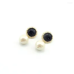 Stud Earrings Light Yellow Gold Colour Round Cabochon Blue Sand Stone With Imitation Pearl Fashion Jewellery