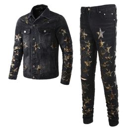 Black Tracksuits Ripped Star Patch Men's 2 Piece Sets Fashion Slim Denim Jacket Matching Stretch Skinny Jeans Spring Worn Hol2449