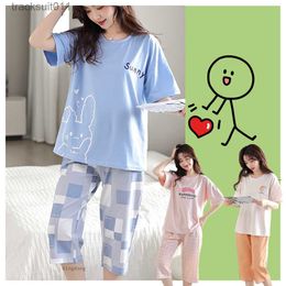 Women's Sleepwear M-3XL Sleepwear Plus size Pyjamas women Pajamas Set Cotton Summer Lady Short sleeve 3/4 Length Home wear Night wear L230918