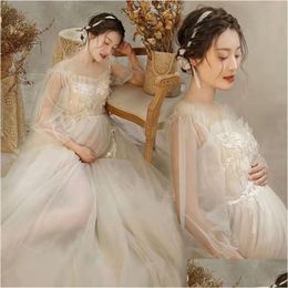 Maternity Dresses 2021 New Lace Mesh Dress Po Shoot Fairy White Embroidery Flower Boho Long Gown Woman Pography Costume Baby Shower Dr Dhmd7