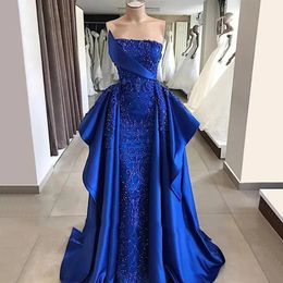 Strapless Blue Women S Evening Dresses Satin Lace Applique Mermaid Princess Pom Sleeveless Formal Party Gowns