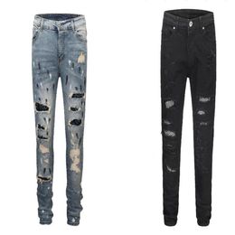 Men's Jeans 2021 TOP Designer Clothes Bottom Side Splash-ink Ripped Men Hip Hop Fashion Casual Drawstring Hole Black Blue 30-260b