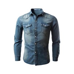 2020 Autumn Denim Shirt Men Cotton Jeans Shirt Slim Fit Long Sleeve Cowboy Shirt Stylish Wash Tops Asian Plus Size267K