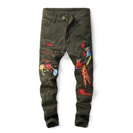 2019 New Hip Hop Famous Flower Phoenix Embroidered Jeans Straight Slim Fit Mens Army Green Biker Hole Distressed Denim Trousers254z