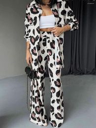 Women's Two Piece Pants 2023 Women Suits Fashion Animal Print Lapel Long Sleeve Shirt & Loose Trousers Two-piece Sets Pant