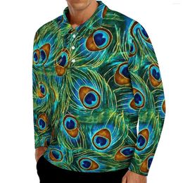 Men's Polos Peacock Feather Casual T-Shirts Colourful Print Polo Shirt Man Stylish Spring Long Sleeve Design Top Big Size 4XL 5XL