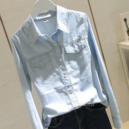 Women's Blouses Shirts Spring Autumn Women Long Sleeve Turn-down Collar Denim Shirts Double Pocket All-matched Casual Blouse Top quality S304 230918