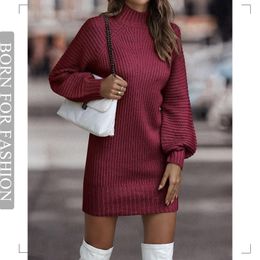 Urban Sexy Dresses Vintage Winter Knitted Dress Ladies Chic Turtleneck Lantern Long Sleeve Mini Sweater Dresses for Women Arrival Clothes 230918