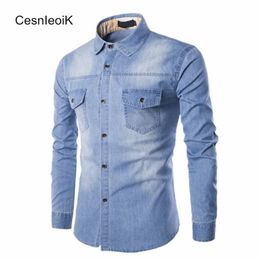 Whole- Mens Refreshing Leisure Yong Style Man Clothes Full Sleeves Stylish Washed Denim Fabric Slim Fit Cotton Denim Shirts Ho222W