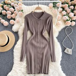 Casual Dresses Autumn Clothes 2023 Fashion Women Polo Neck Long Sleeve Mini Dress Front Button Sexy Party Ribbed Knitted Bodycon