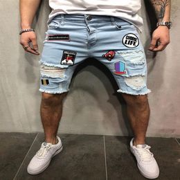 Slim Jeans Shorts Men Brand Ripped Summer Capri Men's Fashion Biker Casual Elasticity Distressed Hole Knee Length Blue Denim 238g