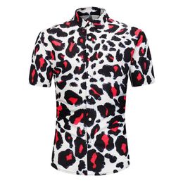 Red Leopard Print Shirts for Men Summer Fashion Short Sleeve Tees Single Breasted Breathable Slim Fit Shirt M-2XL2886