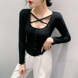 Women's T Shirts 2023 Fall European Clothes T-Shirt Women Sexy O-Neck Single-breasted Hollow Out Ruffles Tops Long Sleeve Elastic Tees 37118