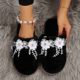 Slippers Ladies Lace Flower Decoration Warm Slippers For Women Autumn Winter Bottomed Closed Toe Slippers Zapatos Para Mujeres x0916