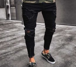 Men's Jeans Black Rock Pants Tight Fitting Zipper Washed Trousers Jeans Hip Hop Casual Feet Pants for Men L230918