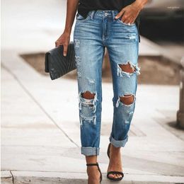Women's Jeans Women Ripped Mid Waist Denim Straight Pants Trousers Washed Distressed Hole 2023 Spring Ladies Bottoms