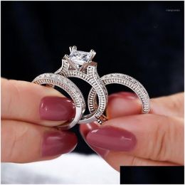 Hair Accessories Cluster Rings Luxury 15Ct Princess-Cut Simated Diamond Sets 3-In-1 Vintage Engagement For Women 14K White Gold Jewelr Dhzfp