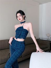 Women's Two Piece Pants Summer Sets Korean Fashion Suits Women Plaid Halter Vest And Flared Trousers Slim Pant 2 Pieces Outfit