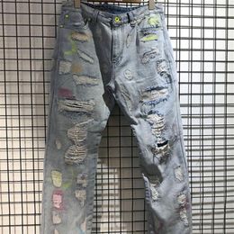 High Streetwear Endless Damage Hole Jean Men Women High Quality Metal Button Zipper Denim Pants Endless Letter 3D Printing Jean258Q