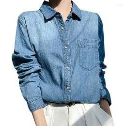 Women's Blouses Women Long Denim Shirt Sleeve Cotton High-quality Casual Long-sleeved Solid Colour Classic Plus Size Top