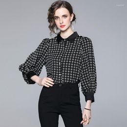 Women's Blouses 2023 Women Casual Turn-down Collar Plaid Chiffon Shirt Ladies Lantern Sleeve Black Blouse Top