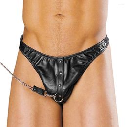 Underpants Sexy Mens Underwear Faux Leather Jockstrap Rivet Comfortable Briefs Chain Low Waist Thong Men's Exotic Fetishes Gay Lingerie