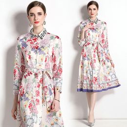 Girl Boutique Dress Long Sleeve Floral Dress Spring Autumn Printed Bow Dresses High-end Elegant Lady OL Dresses