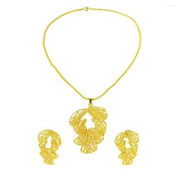 Necklace Earrings Set Yellow Gold Colour Alloy Dubai Jewellery For Women Leaf Pendant Necklaces African Party Wedding Accesories
