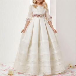 Ivory White Flower Girls Dresses First Communion Dresses Jewel Neck Lace Ruffles Pageant Gowns Children A Line Prom Dress176A