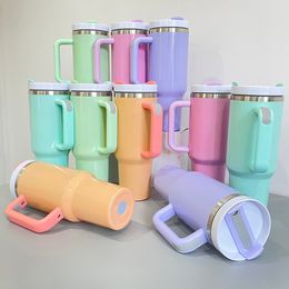 USA warehouse H2.0 blank sublimation glossy matte macaron 40oz double walled stainless steel tumbler travel coffee handgrip mugs with handle and straw