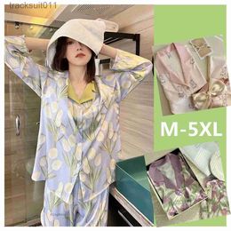 Women's Sleepwear M-5XL Pyjamas Women Silk Plus Size Pajamas Spring Lady Long Sleeve Satin Tulip Print Cardigan Sleepwear Autumn Thin L230918