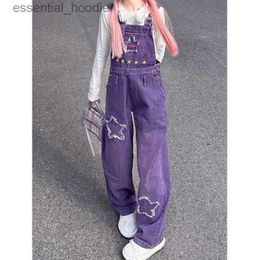 Women's Jumpsuits Rompers Big Yards purple denim overalls women fat younger sister autumn American restore L230918