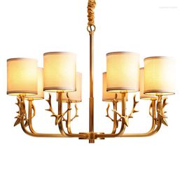 Pendant Lamps Willlustr Antler Copper Lamp Fabric Shade Chandelier Suspension Lighting American Country Bronze Brass Hanging Light