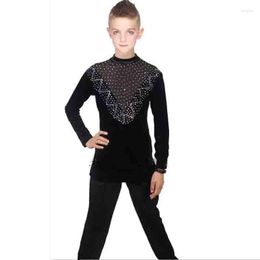 Stage Wear 2023 Latest Latin Dance Tops For Children Black Fabric Shirt Ballroom Boy Male Latino Infantile Professional Chacha Clothe N7008