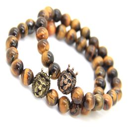 2016 New Design Men's Bracelets Whole 8mm Natural Tiger Eye Stone Beads with Crown Lion Head Bracelets Party GiftBracele148h