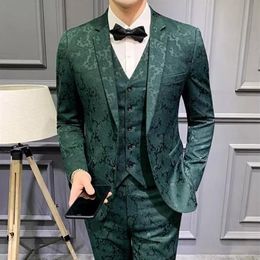 Fashion 3 Pieces Men Suits Dark Green Printed Floral Groom Smoking Prom Man Blazer Slim Fit Wedding Tuxedo Men's & Blazers328C