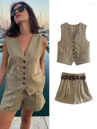 Women's Shorts 2Pcs Ladies Vest Blazer Sets 2023 Pretty V-neck Solid Single Breasted Jacket A-Line Short Trousers With Belt Basic Suits