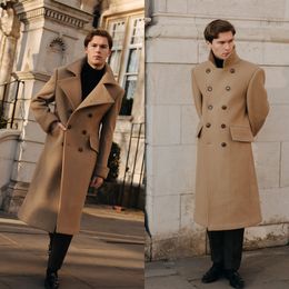 Men Winter Long Coat Khaki Double Breasted Custom Made Jacket Casual Windproof Overcoat Wedding Tuxedos Only One Piece