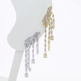 Dangle Earrings Fashion Long Cubic Zirconia Paved Statement Leaf Shaped Tassel Chain Bling CZ Bridal Wedding Jewellery Gift