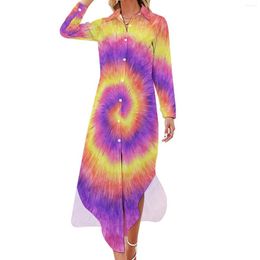 Casual Dresses Tie Dye Swirl Dress Retro Pink Lilac Yellow Aesthetic V Neck Beach Chiffon Long Sleeve Clothes Large Size