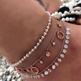 Anklets 3pcs/sets Clear Crystal Stone Tassel For Women Colourful Bead Geometric Wafer Foot Chain Summer Jewellery 8616