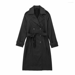 Women's Trench Coats Jacket Make Old Effect Imitation Leather Windbreaker Temperament Belt Decoration Long Lacket 6318/222